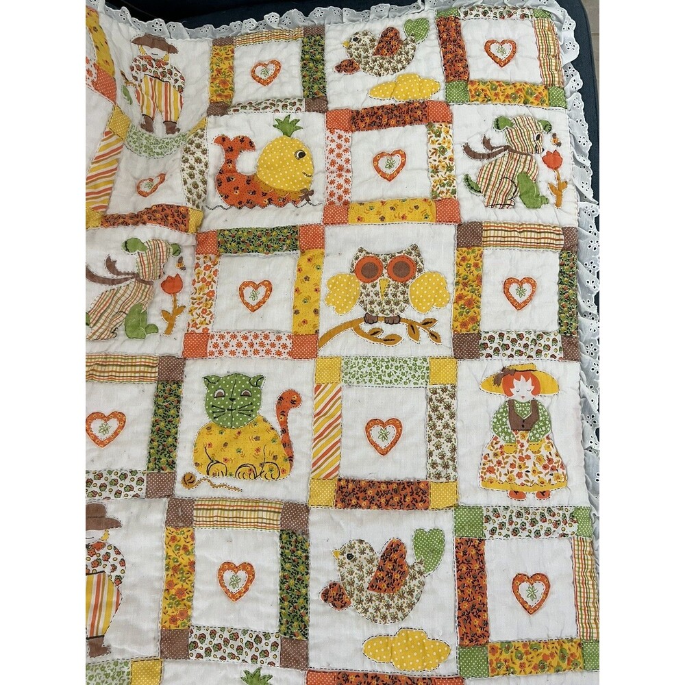 Vintage Applique Block Print Handmade Blanket Lined 46” X 42” Owl Cat Dog Girl